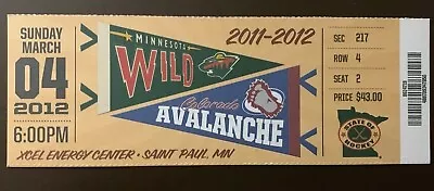 Minnesota Wild 3/4/2012 NHL Ticket Stub Vs Colorado Avalanche • $6.95