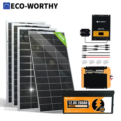 ECO-WORTHY 200W 400W 800W Watt 12V Solar Panel Kit LiFePO4 Battery Home Off Grid • $109.99