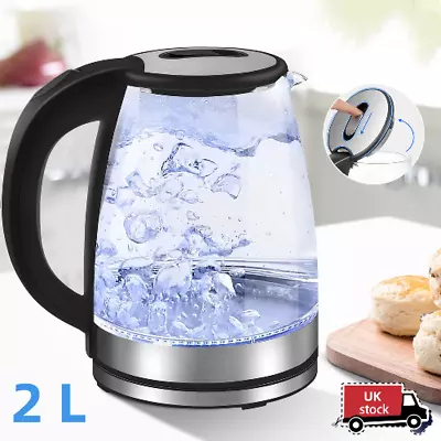 2L Electric Kettle Glass 360 Blue LED Illuminated Jug Auto Shut Off Protection • £11.79