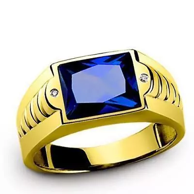 Mens Blue Sapphire Ring Solid 14k Fine Yellow Gold Genuine Diamond Ring For Him • $664