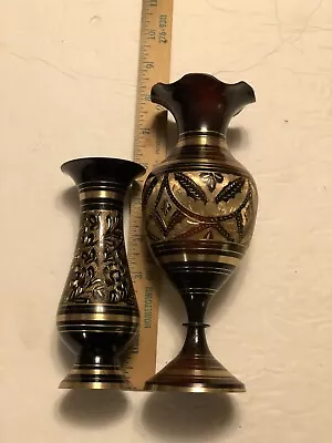 2x Vintage Black & Gold Floral Etched Metal Vases • $18.99