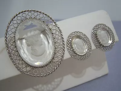 CAMEO EARRINGS BROOCH SET REVERSE CRYSTAL WHITING & DAVIS Vtg Set Clear Silver • $43