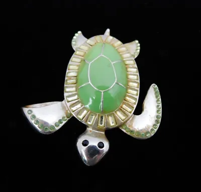 VTG Sea Turtle Pendant Silver Tone Enamel Back W/Green Yellow Stones Embellished • $12.95