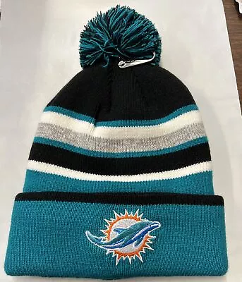 Miami Dolphins Beanie LINED Winter  Hat Scull Cap  Blue AND BLACK  With Pom Pom • $16.99