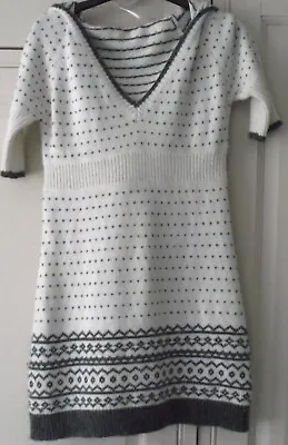 Soul Cal FAIRISLE Jumper Dress Grey & Cream Knitted - Hood Short Sleeved Size 10 • £12.50