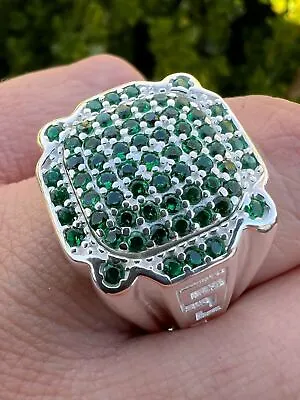 Mens Real Solid 925 Sterling Silver Iced Simulated Green Emerald Ring Pinky CZ • $68.02