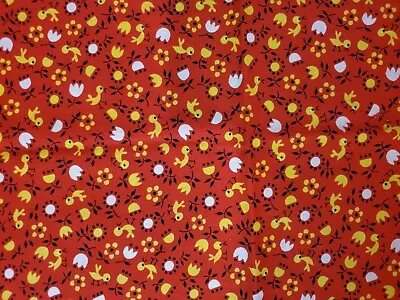 Wtw Fabric Vintage Bird Chick Floral Flower Country Folk Calico Retro Red Mod • $19.99