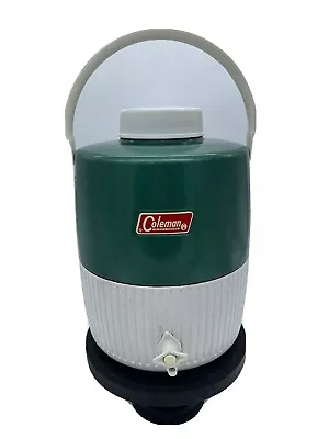 Vintage COLEMAN Water Jug Cooler Drink Dispenser Green White 2 Gallon With Cup • $21.99