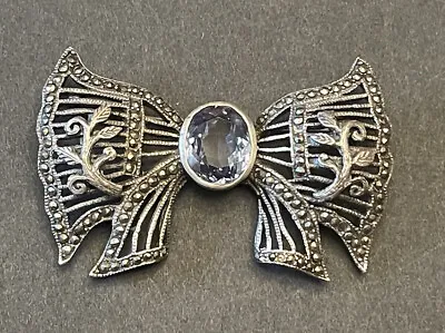 Vintage Marcasite Brooch Aquamarine Blue Glass Stone Bow Ribbon Pin • $19.95