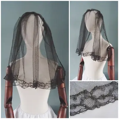 Antique Bonnet Veil Victorian Black Chantilly Lace Panel Mourning Ladies C1890 • $44.21