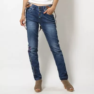 New! DESIGUAL [sz 30] Blue Embroidered Boyfriend  Button Fly Granada Jeans • $34.30