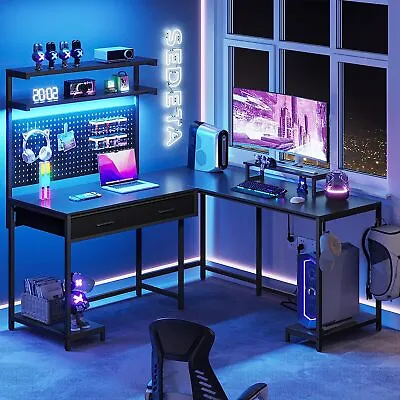 L Shaped Gaming Desk With LED Lights Pegboard And Drawers Corner Computer Table • $149.99