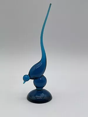 Vintage MCM Viking Glass Blue Bluenique Long Tail Bird Figurine • $145