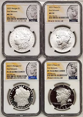 4 Coin Set 2023 Morgan And Peace Silver Dollars Ngc Ms And Pf 70 First Releases • $565.25