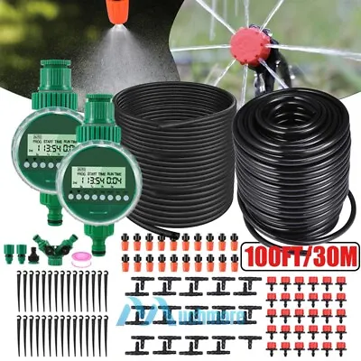 100ft Drip Irrigation System Garden Plant Self Watering Hose Sprinkler Kit+Timer • $45.73