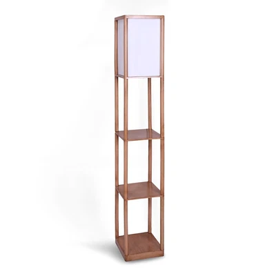$97.95 • Buy Sarantino Floor Lamp Light 3 Shelves Off White Fabric Shade Oak Wood Finish