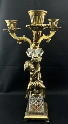 $95 • Buy Vintage Hollywood Regency Cupid 3 Candle Crystal Candelabra 14  Tall 