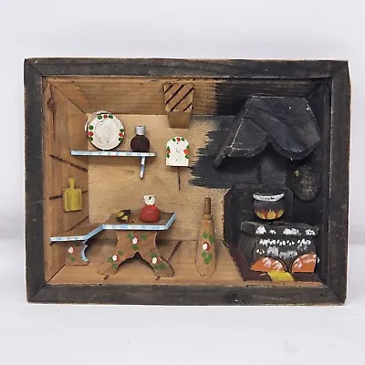Vintage Folk Art Carved 3D Diorama Wood Shadow Box Cottage Wall Hanging Rustic • $19.99