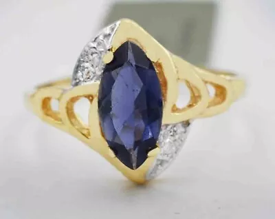 GENUINE 1.15 Cts IOLITE & DIAMONDS RING 10K YELLOW GOLD - Free Appraisal - NWT • $0.99