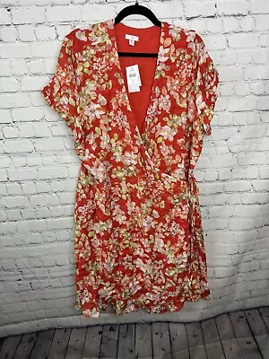 J. Jill Floral Wrap Dress WOMENS Xl Red Orange Ruffled Lined Short Sleeve NWT • $35