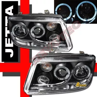 Black Dual Halo Angel Eyes Projector Headlights W/ Fog For 99-05 VW Jetta IV MK4 • $219.95