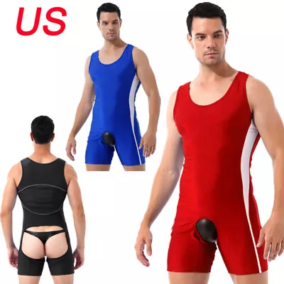 US Mens One-Piece Bodysuit Open Butt Leotard Gay Wrestling Singlet Gym Outfits • $13.01