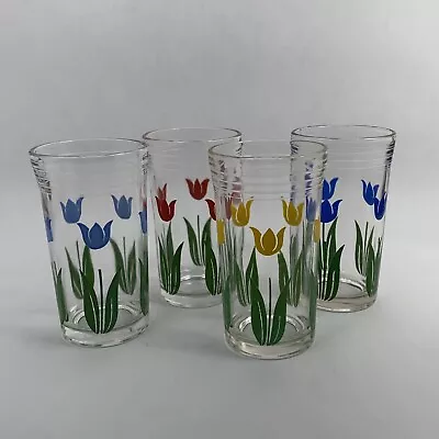 Vintage Kraft Swanky Swig Red Blue Yellow Tulip Flowers Juice Glasses Set Of 4 • $28