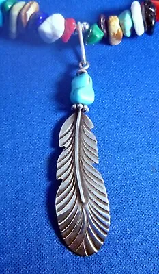 Navajo Sterling Silver Turquoise FEATHER PENDANT SIGNED WL 21  Nugget Necklace • £45.32