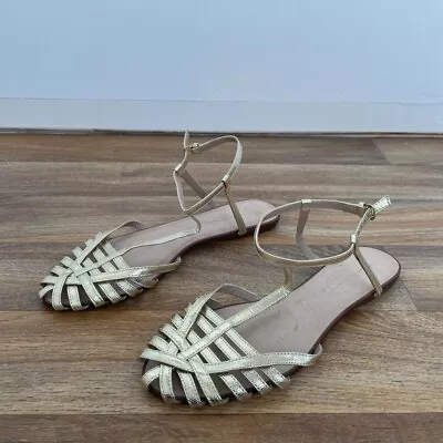 Zara Gold Metallic Leather Strappy Summer Flat Sandals UK 8 EU41 • £15