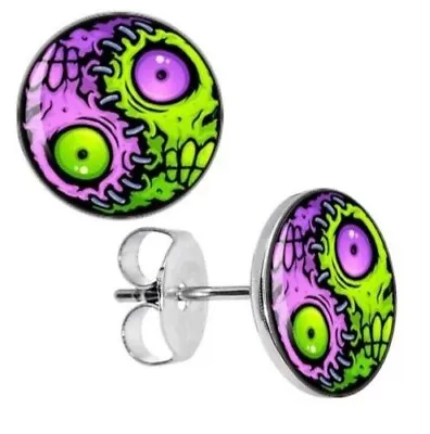 Pair Boys Mens Girls Logo Stud - ZOMBIE - Earrings Pair YIN YANG - Green Purple • £3.69