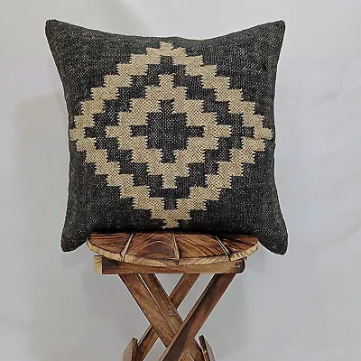 18x18 Wool Jut Rug Cushion Cover Handmade Throw Vintage Pillow Case Home Decor • $24.26