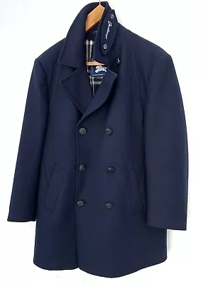 Vintage Burberry Peacoat Blue Navy Wool Blue Nova Check Size 48  SMALL To M • $250