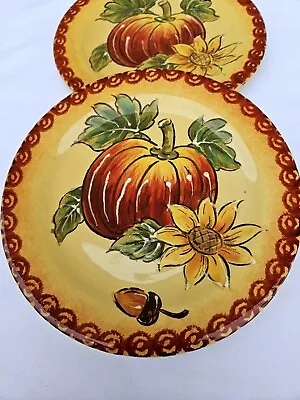 Set Of 2 Maxcera Salad Plates 8 Inch Pumpkin Sunflower Acorn Hand Painted New • $34.95
