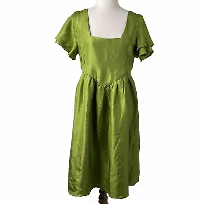 Wayne Cooper Silk Dress Women S/M Green Lined Square Neck Flounce Sleeve Vintage • $29.99