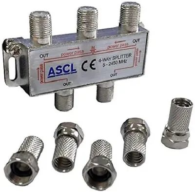 ASCL 1 In 4 Out TV Aerial Freeview Coaxial Cable Splitter + F Plug Connectors • £4.49