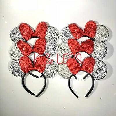 12 Pc Minnie Mickey Mouse Ears Headbands Shiny Sparkle Silver Red Bow Birthday P • $14.90