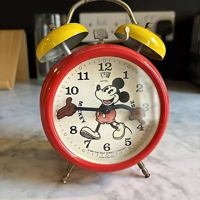 Vintage Avronel Mickey Mouse Walt Disney Twin Bell Alarm Clock Red Yellow German • £25