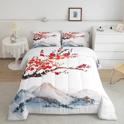 $86.98 • Buy Cherry Blossoms Comforter Set Full Size For Girls Women Japanese Red Floral D...