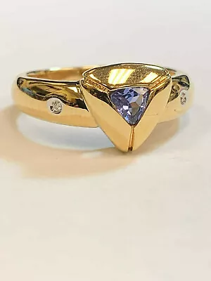 Ladies Natural 1/4 Carat Trillion Tanzanite And Natural Diamond 14K Gold Ring  • £384.81