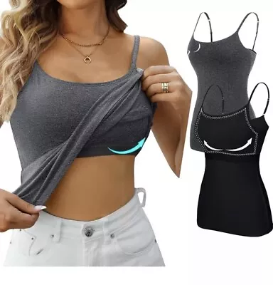 Women's Camisole With Built In Shelf Bra Adjustable Strap Vest Comfort Tank Tops • £8.99