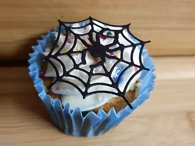 12 X EDIBLE HALLOWEEN SPIDER WEBS CUPCAKE CAKE TOPPER DECORATIONS WAFER PAPER • £3.95