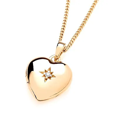 9ct Yellow Gold On Silver CZ Heart Photo Locket Pendant Necklace + Chain • £22.95