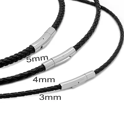 3/4/5mm Mens Chain Genuine Black Braided Leather Cord Stainless Steel Necklace • $8.99