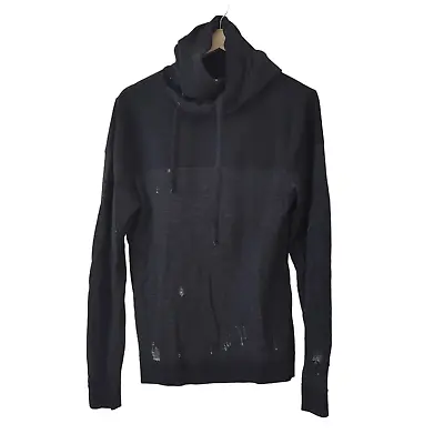 We Norwegians Funnel Neck Hoodie Sweatshirt Distressed Black Gray Merino Wool M • $109.99