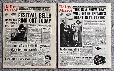 +++ 2 X 1951 FESTIVAL OF BRITAIN DAILY MIRROR REPRINTED NEWSPAPERS +++ • £5.95