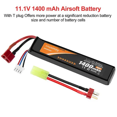 11.1V 1400mAh 30C 3S LiPo Battery With T Plug To Mini Tamiya Cable For Airsoft • $20.99