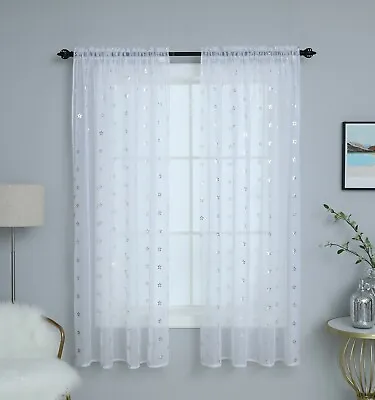 £8.99 • Buy 1 X STARS SILVER SHEER WHITE & SHINY VOILE CURTAIN PANEL SLOT TOP 