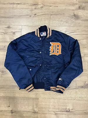 Vintage Detroit Tigers MLB Starter Satin Navy Bomber Jacket Mens XL • $100