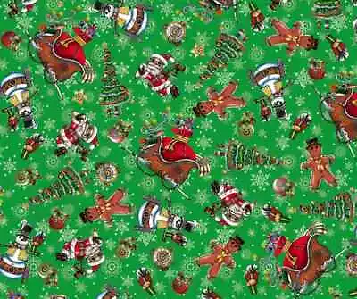 QT Fabrics It's A Steampunk Christmas Toss On Green Cotton Fabric BTY  36  X 43  • $12.80