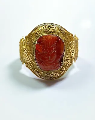 Chinese Antique Gold Vermeil Ming Dynasty Amber Carving Cuff Bracelet  • $2500